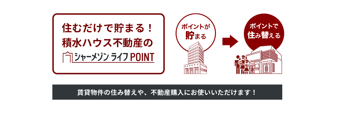 住むだけで貯まる!積水ハウス不動産のシャーメゾンライフポイント。ポイントが貯まる→ポイントで住み替える。賃貸物件の住み替えや、不動産購入にお使いいただけます!